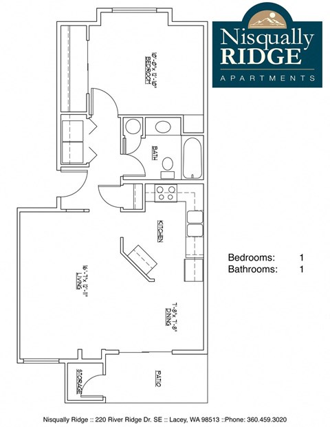 Floor plan for 1 bed, 1 bath, 683 sqft